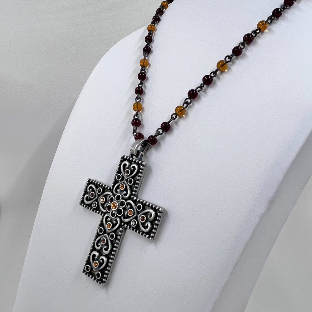 NWT - Nine West - Jeweled Heart Cross Silver Tone Red & Yellow Beaded 14” Choker - Picture 3 of 8